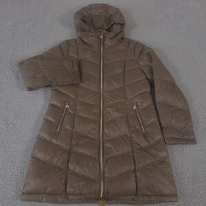 Calvin Klein Jacket Womens L Brown Packable Hooded Quilted Puffer Premium Down